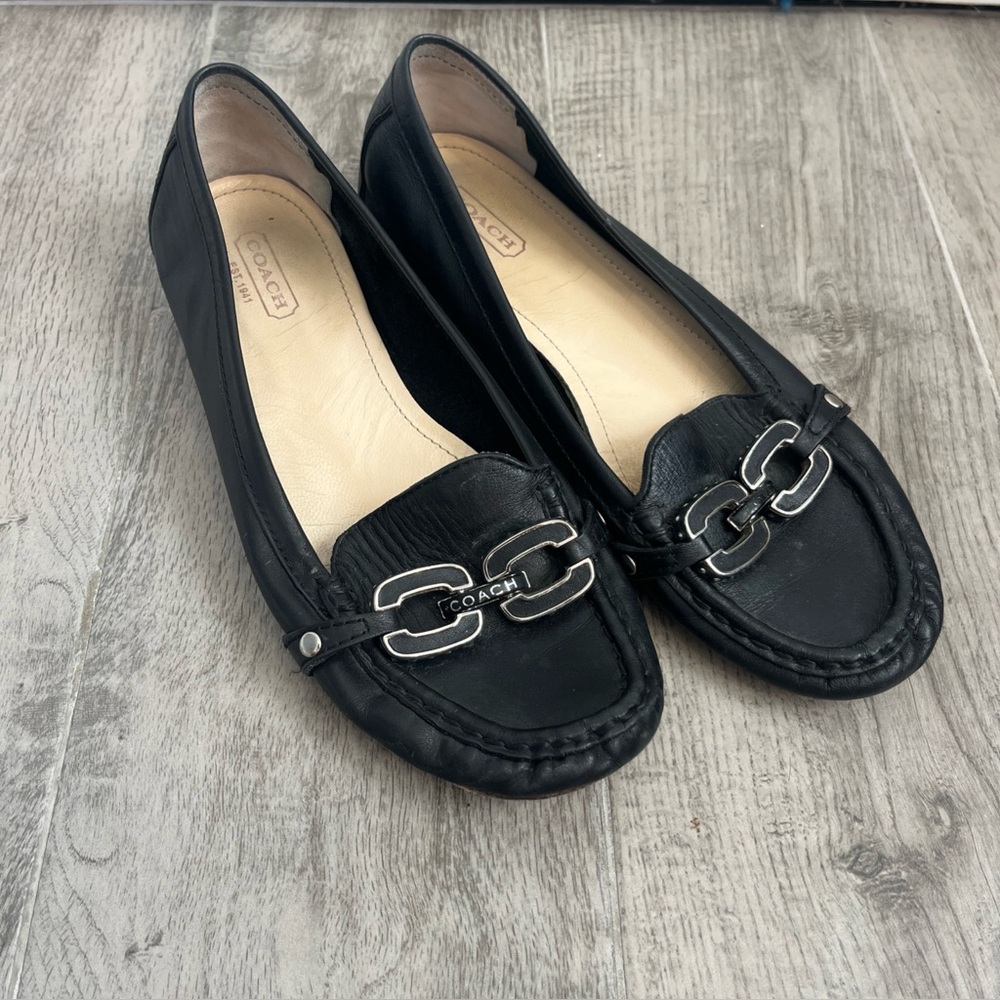 Coach Women’s Ella Loafers Black Leather Metal Accents Size 7.5 B